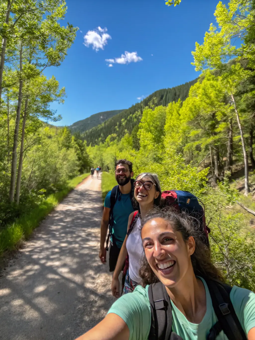 A serene photo of hikers traversing a scenic mountain trail, capturing the tranquility and exploration offered through hiking programs at LE BUREAU DES ACCOMPAGNATEURS.