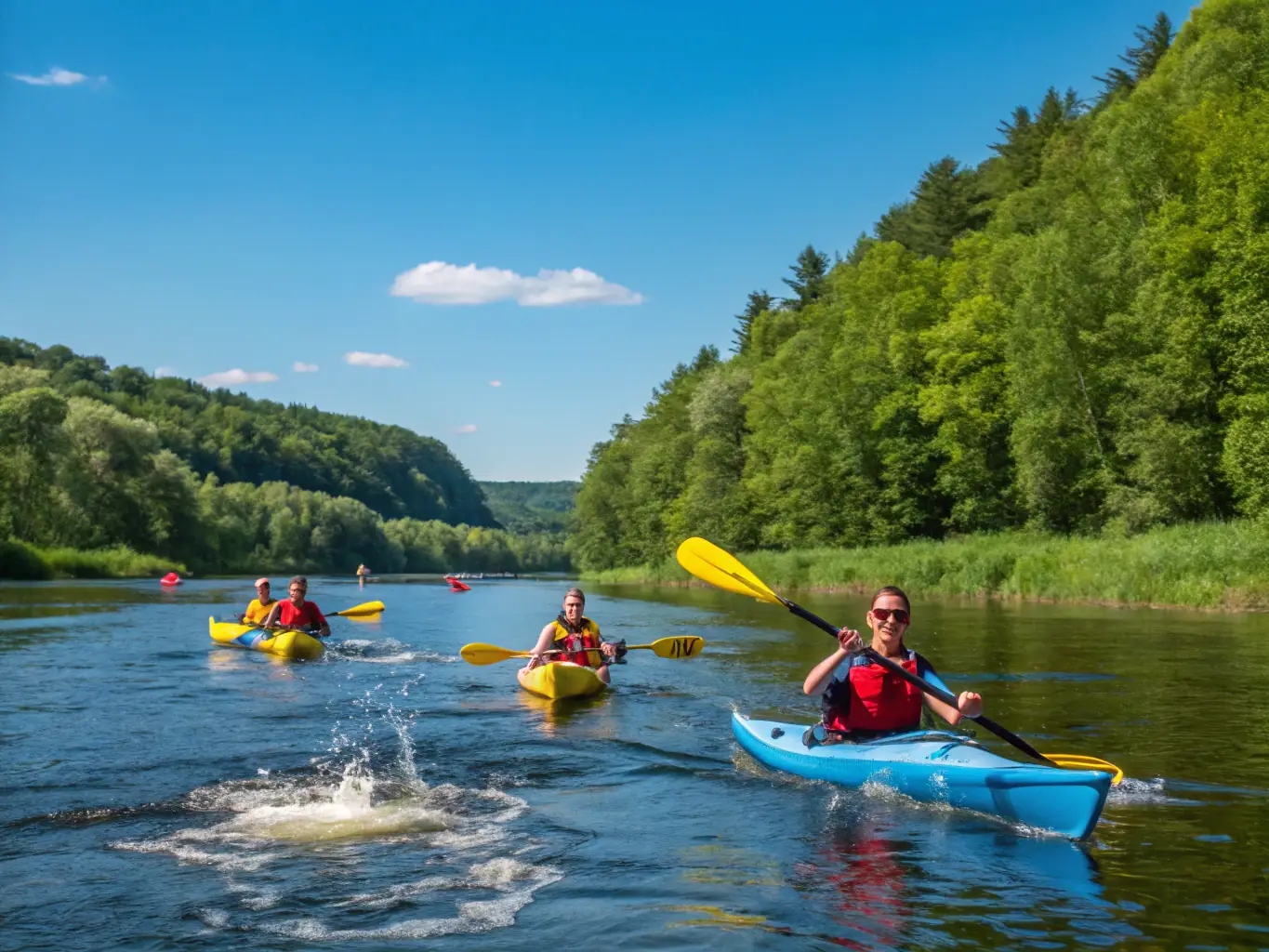 A group of kayakers paddling down a river surrounded by mountains, illustrating the excitement and teamwork of water sports with BA Mountain Club.