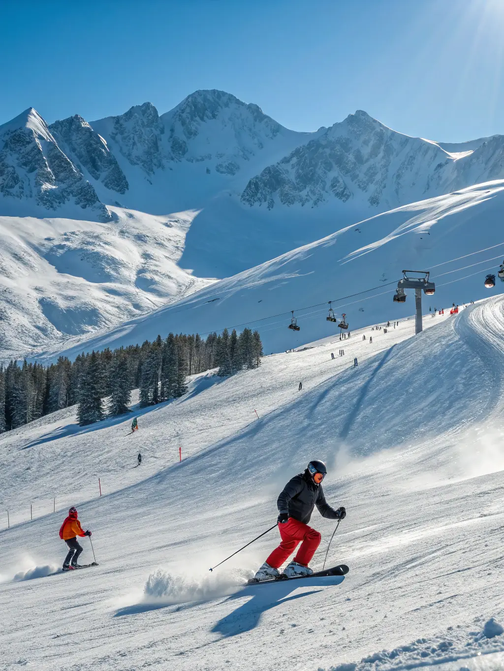 A vibrant image of a group of people alpine skiing down a snowy mountain slope, showcasing the thrill and beauty of alpine sports offered by LE BUREAU DES ACCOMPAGNATEURS.