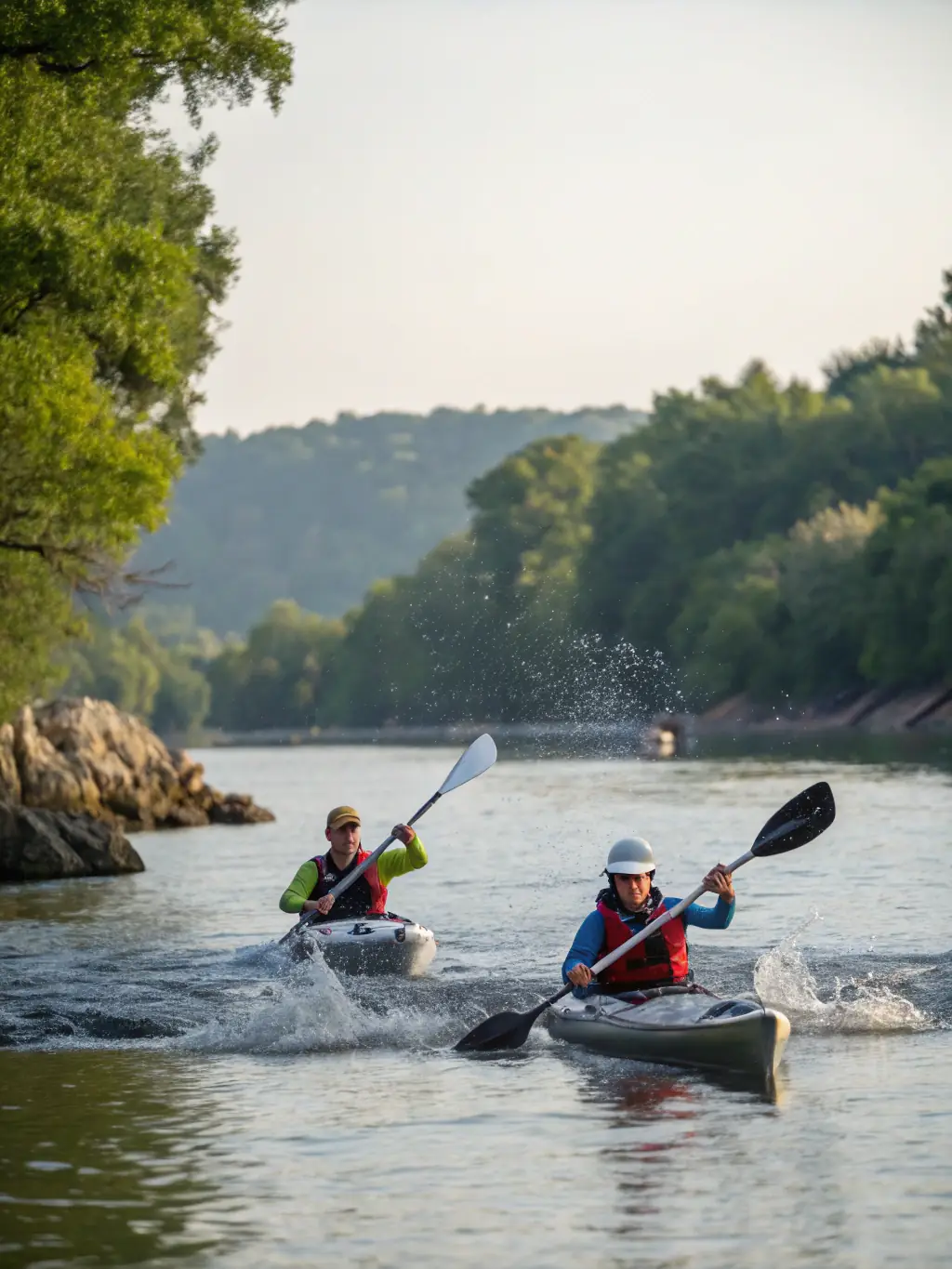 A dynamic photo of individuals participating in water sports activities on a clear mountain lake, reflecting the excitement and variety of water sports programs available at LE BUREAU DES ACCOMPAGNATEURS.
