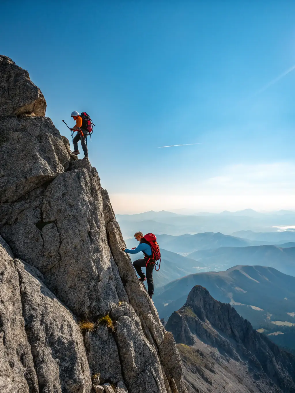 An inspiring image of climbers scaling a rock face, demonstrating the challenge and reward of climbing activities organized by LE BUREAU DES ACCOMPAGNATEURS.